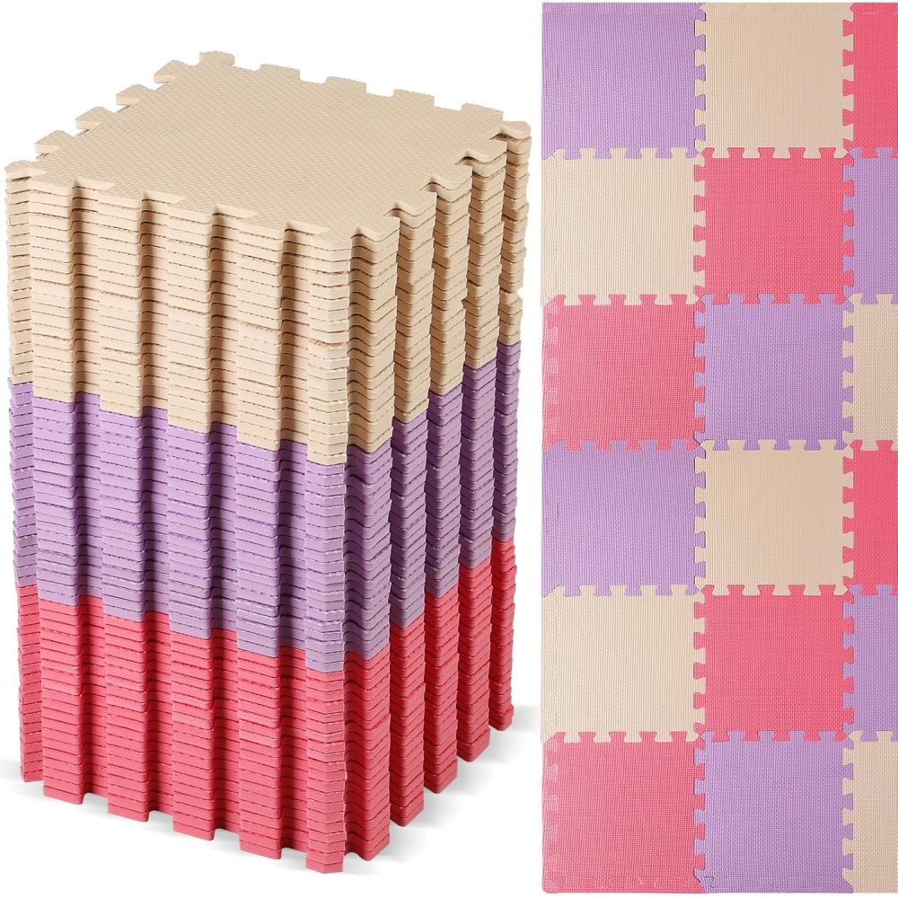 60 PCS Kids Foam Puzzle Floor Mat Bulk - Solid Color Foam Play Mat with Borders Interlocking Multi Use Floor Rug for Children, 12 Inch(Pink, Beige, Purple)