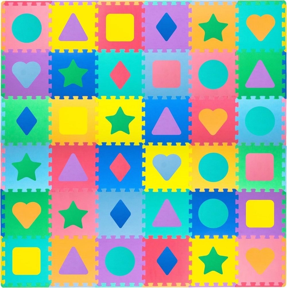Kids Puzzle Alphabet & Numbers & Shapes Foam Play Mat 36 Tiles, 12"x12" and 24 Borders