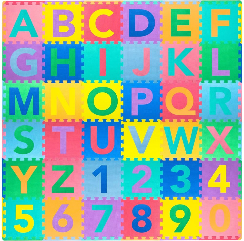 Kids Puzzle Alphabet & Numbers & Shapes Foam Play Mat 36 Tiles, 12"x12" and 24 Borders