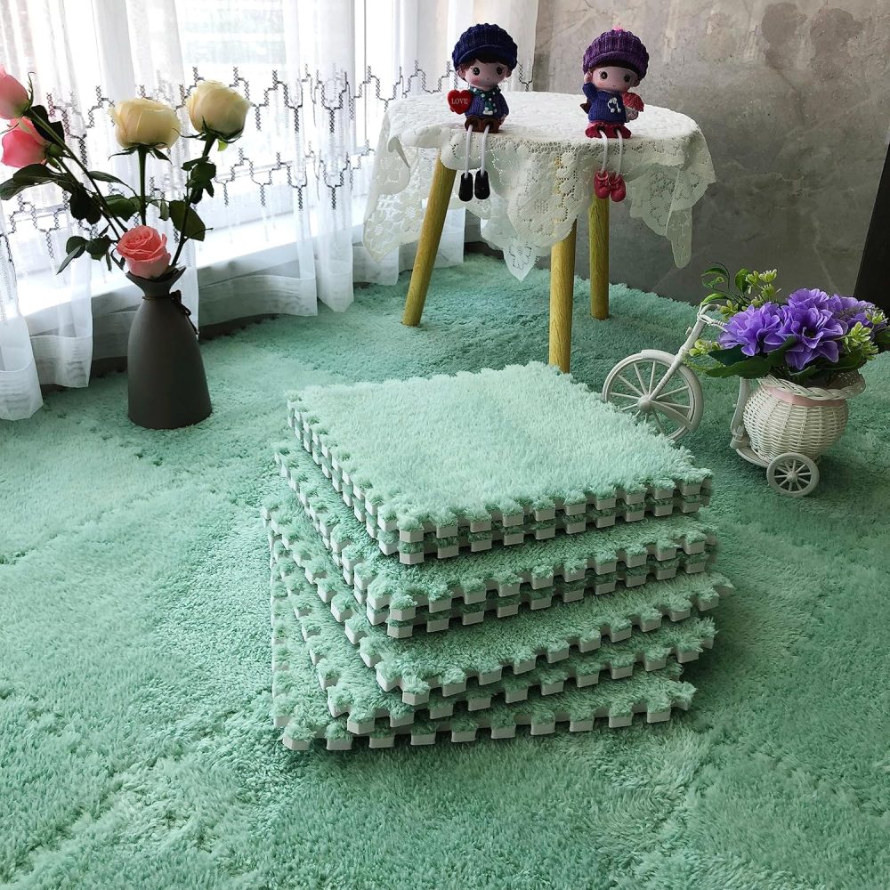 12pcs Tiled Puzzle Play Mats Interlocking Shaggy Soft EVA Foam Mats Protective Floor for Children Kids Room Home Parlor Bedroom Mint Green - Image 2